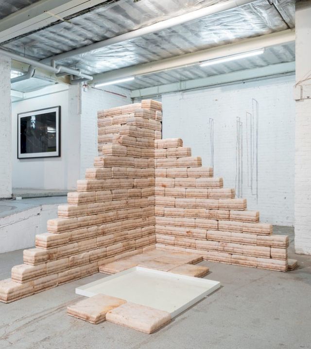 (l–r) Josh Kline, ‘Sleep is for the Weak’, 2011; Li Jinghu, Waterfall, 2015; Bill Henson, ‘Untitled #52’, 2001; Julian Charriere, ‘Future Fossil Spaces’, 2015. Photo: © Hugard & Vanoverschelde